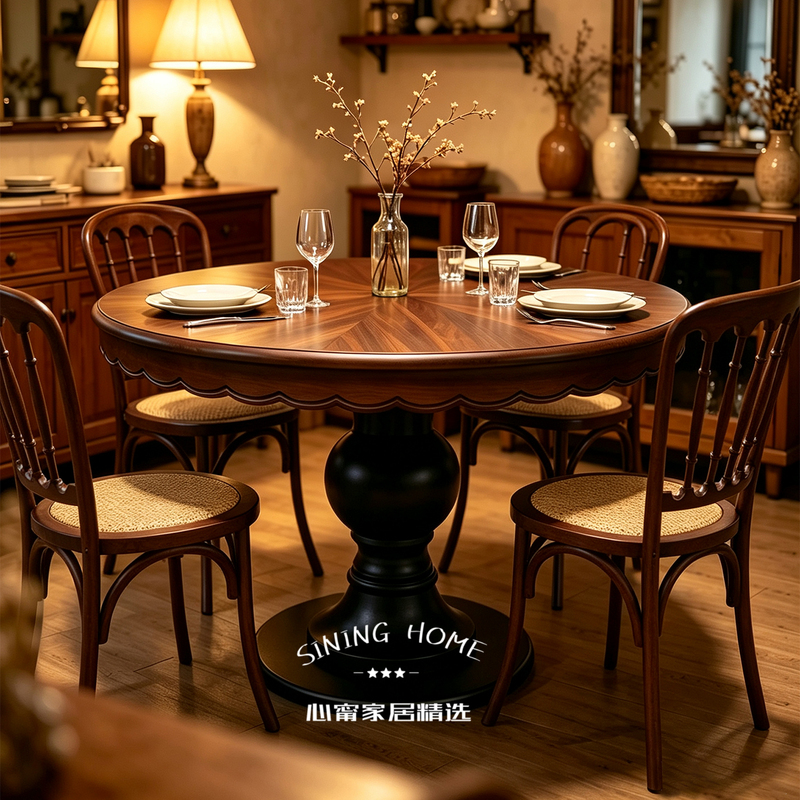 American-Style Black Walnut Mosaic Dining Table with Turntable, 2026 New Model, Suitable for Small Households, Mid-Century Style Solid Wood Round Dining Table American-Style Black Walnut Mosaic Dining Table with Turntable, 2026 New Model, Suitable for Small Households, Mid-Century Style Solid Wood Round Dining Table