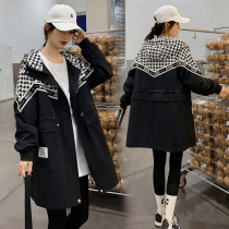 Plus size maternity wear autumn windbreaker jacket loose mid-length belly-covering houndstooth splicing new autumn top