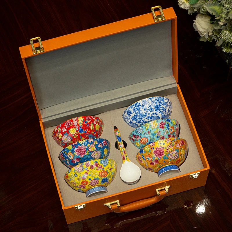 【Six Bowls and Six Spoons】Jingdezhen Enamel Tableware Bowl and Spoon Set for Housewarming, Wedding Gift, Personal Use Gift Box Set