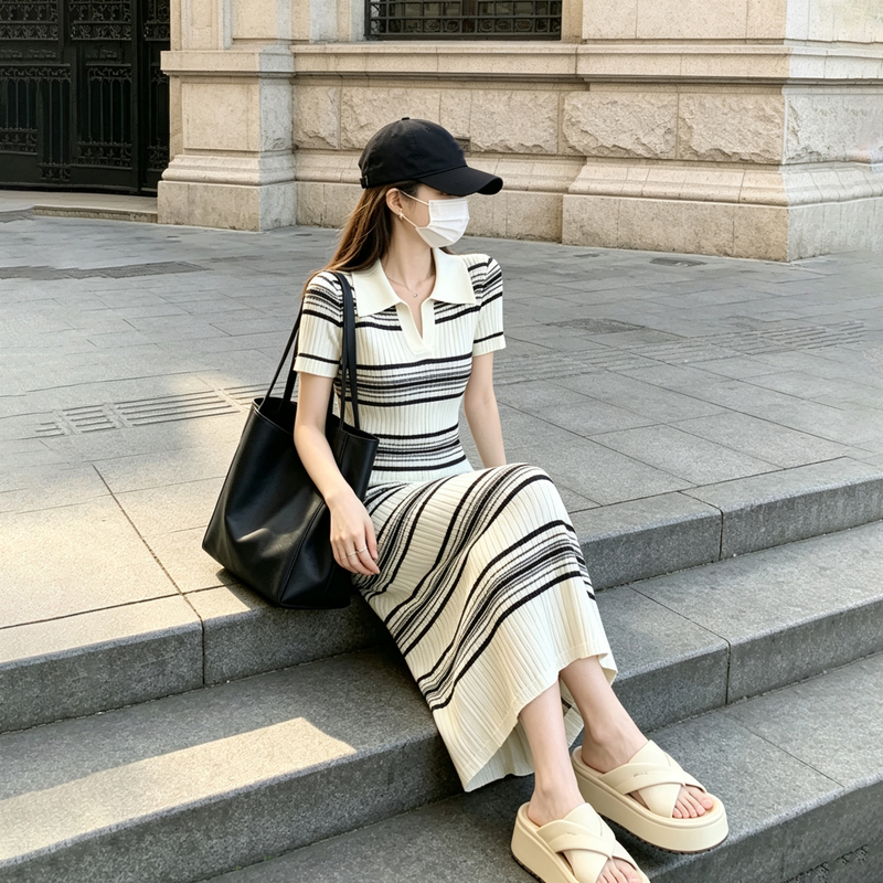 Summer Casual Lazy Style Short-Sleeved Polo Collar Striped Knitted Dress H Version Straight Loose Mid-Length T-Shirt Dress