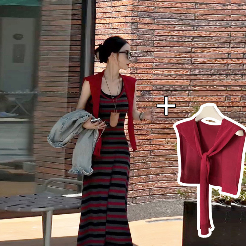 Free Shawl, Summer French-Style Sleeveless Striped Camisole Dress, Long Waist-Cinching A-Line Skirt, Beach Tank Top, Base Dress