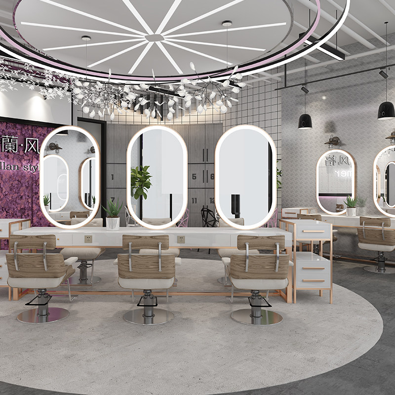 Net red tides beauty salon mirror desk with lamp bifacial mirror hair salon brief light extravagant and beautiful hair mirror bronzed and wall-mounted integrated cabinet