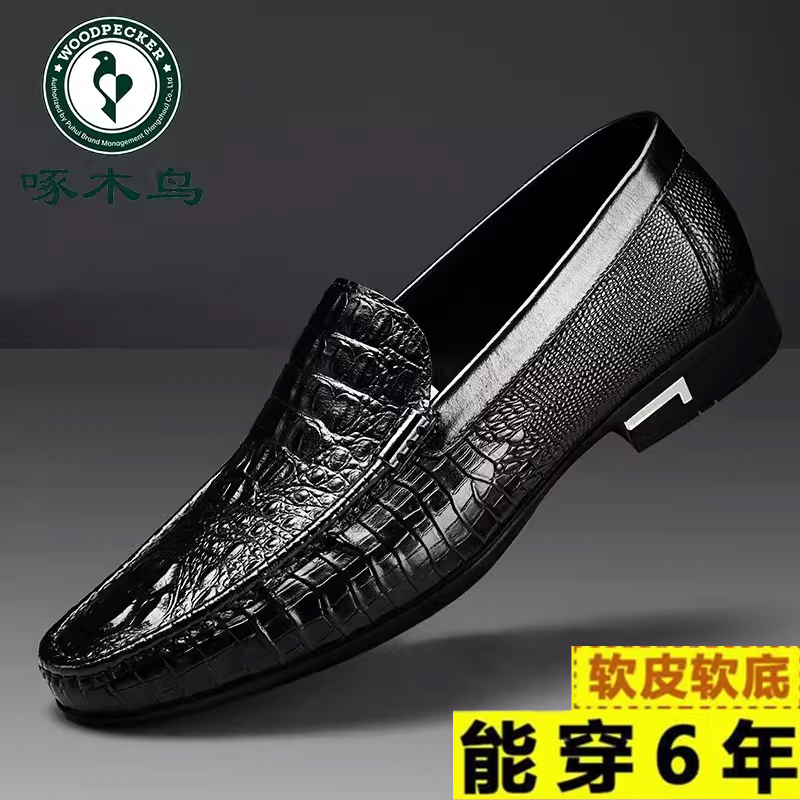 Woodpecker Men's Shoes Spring 2025 New Business Casual Leather Shoes Slip-On Crocodile Pattern Soft Sole Loafers for Drivers