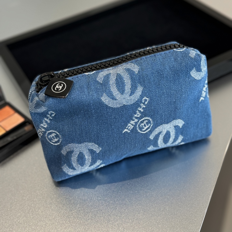 Rare Chanel Makeup Bag in Denim Blue, Portable Toiletry Bag, Exclusive Gift from the Store