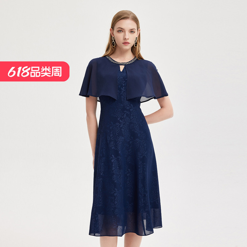 Sally 24 New Design Cape-Style Chiffon Elegant Waist-Shaped Round Neck Diamond Dress