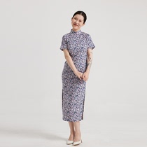 Wang headwind original) Summer Japanese cotton crushed flowers in a semi-open flap handmade in a long-style qipao