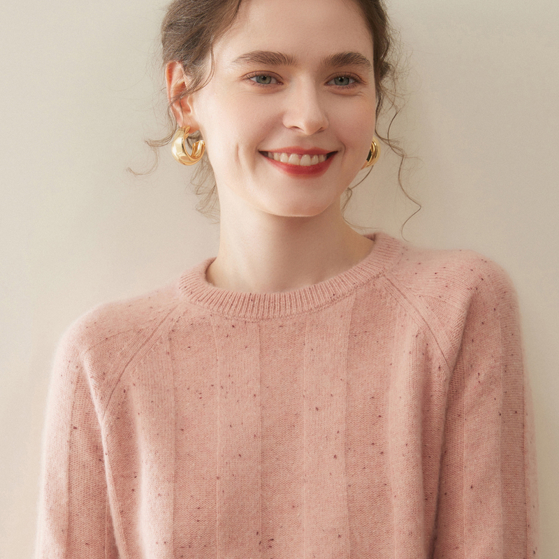 Meng Jinjiao Baby Goat Double-Layer Thickened Floral Cashmere Sweater for Women, Low Round Neck Ribbed Sweater, Base Layer for Autumn and Winter