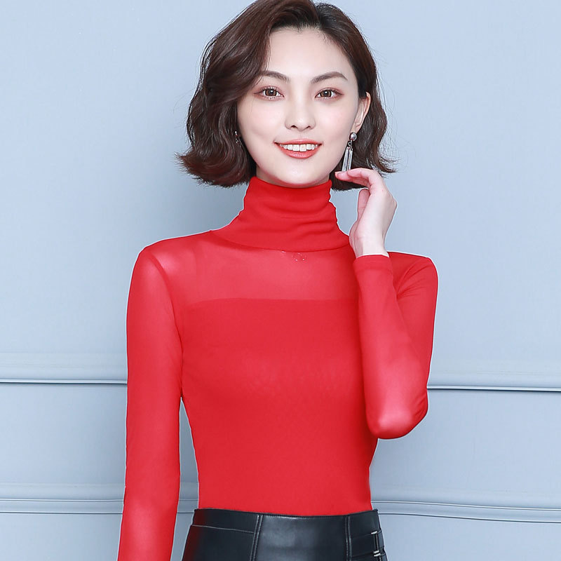 Bright Red High-Neck Mesh Base Shirt Long-Sleeve T-Shirt Women's Top Autumn and Winter Thin Lace Shirt Trendy Inner Wear