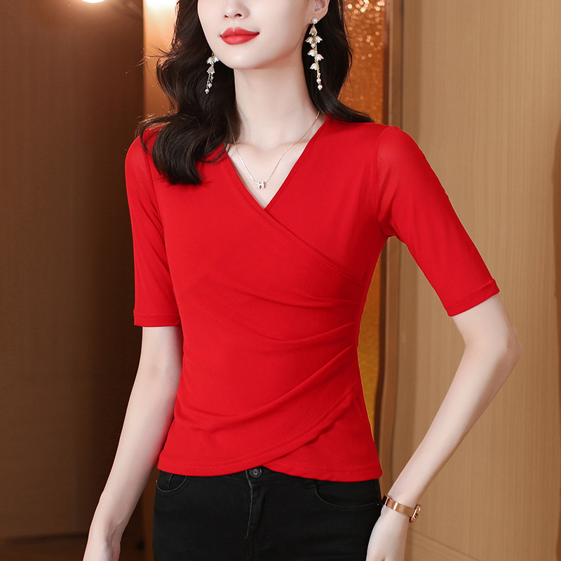 Cross V-Neck Mesh T-Shirt for Women, Mid-Sleeve, Waist-Cinching Lace Base Shirt, Bright Red Top, Stylish Solid Color Stretchy Mesh Garment