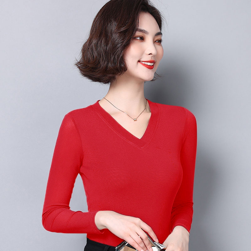 Bright Red Mesh Base Shirt for Women, Long-Sleeve T-Shirt, 2026 Spring and Autumn New Style, Solid Color Sheer Top, Stylish V-Neck Lace Blouse