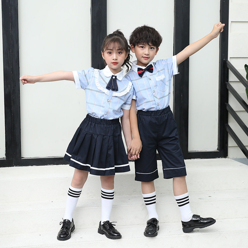 Summer New ZhongYoung Children's Class Square Shirt School Uniform British Wind Two Pieces of Kindergarten Clothes