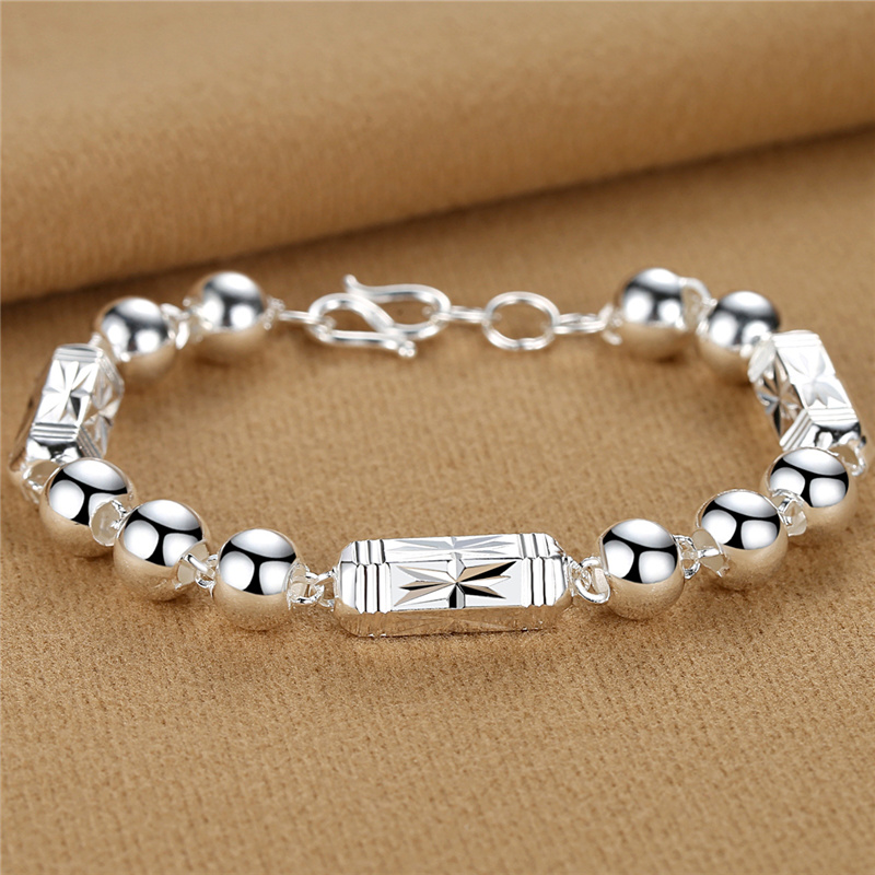 S999 Sterling Silver Hex Tube Bracelet Men's and Women's Foot Silver Transporter Bead Silver Bead Bracelet Thick Silver Jewelry Gift