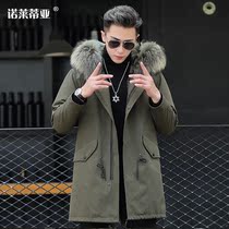 Haining Parker clothing mens medium and long hooded rabbit hair liner winter parka jacket mens fur one-piece tide