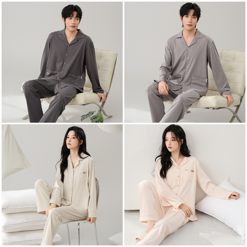Andeni Men's Loungewear Set Spring and Summer Silk Cotton Couple's Turn-Down Collar Long-Sleeve Women's Loose Thin Pajamas Andeni Men's Loungewear Set Spring and Summer Silk Cotton Couple's Turn-Down Collar Long-Sleeve Women's Loose Thin Pajamas
