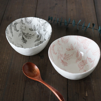 W1962 American ceramic underglaze Black Pink line drawing art flower hand pinch irregular deep bowl big bowl