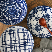 W1962 British New Blue Seal watercolor effect under glaze blue and white ceramic salad bowl Gothic dark grain non-slip outer wall