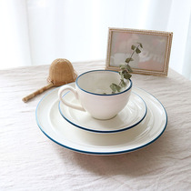W1962 export European high-end cream white and blue side texture coffee cup saucer set practical steak dinner plate set