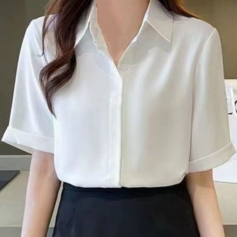 Summer White, Blue and Black Short-Sleeved Shirt for Women, Simple Lapel Work Clothes for Commuting Summer White, Blue and Black Short-Sleeved Shirt for Women, Simple Lapel Work Clothes for Commuting