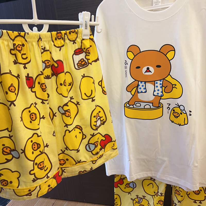 Pure Cotton Rilakkuma Short-Sleeve Round-Neck Pajamas for Women, Summer Cute Cartoon Pure Cotton Shorts and Long Pants, Nose-Holes Chicken Sleep Pants for Men