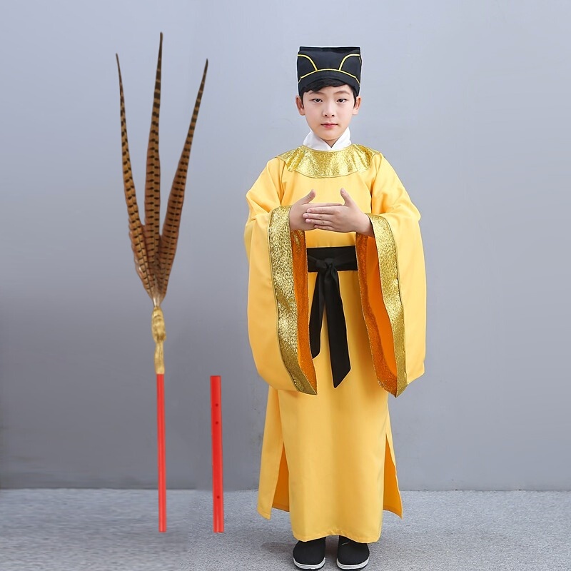 Eight-Ritual Dance Performance at the Confucius Worship Ceremony, Including Props Like Zir and Yue, Ceremonial Music and Dance, Student Hand-Held Feathers for Worship, Ancient Costumes for Children, and Hanfu