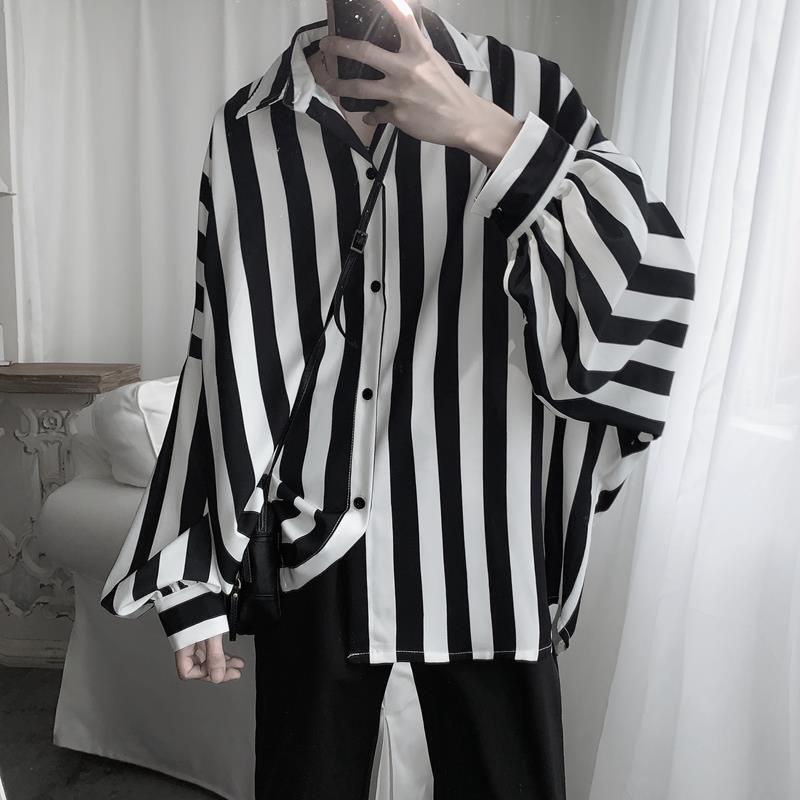 Autumn Dark Style Fairy-Like Trendy Brand Men's Clothing Retro Paper-Thin Black and White Striped Batwing Long-Sleeve Loose Shirt