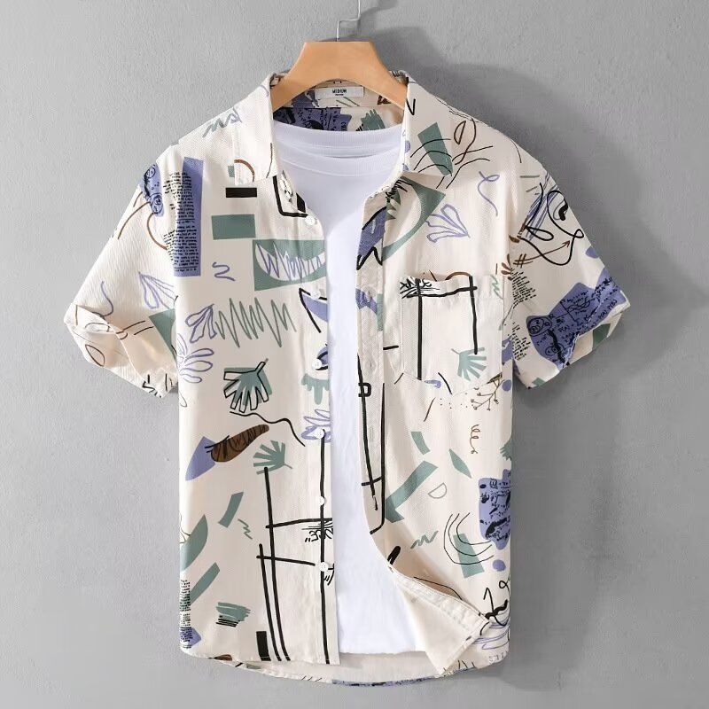 Japanese-Style Casual Graffiti Summer Short-Sleeve Printed Shirt for Men, Loose Trendy Jacket, Student Personality Fashion Korean-Style Shirt Japanese-Style Casual Graffiti Summer Short-Sleeve Printed Shirt for Men, Loose Trendy Jacket, Student Personality Fashion Korean-Style Shirt