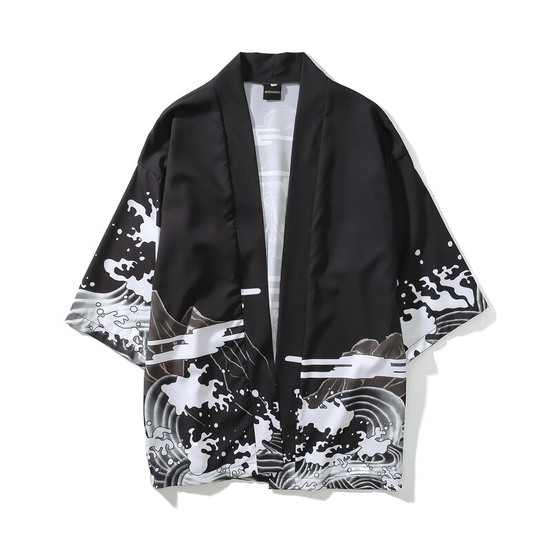 Japanese Retro Dark Ukiyo-E Robe Cardigan Kimono Unisex Chinese Style Loose Three-Quarter Sleeve Shirt Jacket Trendy