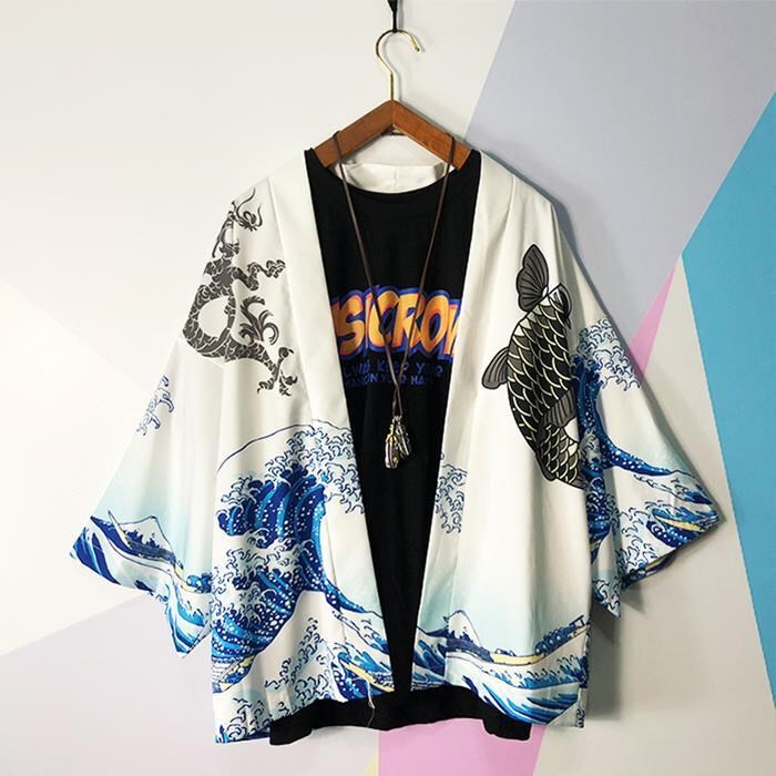 Japanese Style Retro Dark Ukiyoe Taoist Robe Kimono Cardigan Shirt Men's Loose Three-Quarter Sleeve Shirt 2022 Summer Jacket