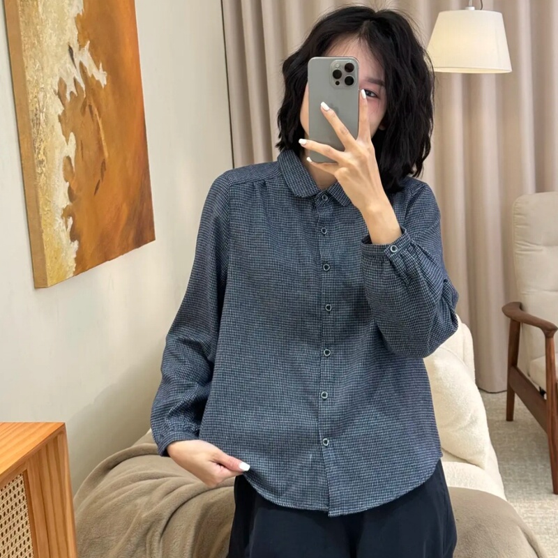 2026 Yarn-Dyed Plaid Lapel Shirt Spring and Autumn New Fashion Versatile Artistic Retro Casual Women's Top