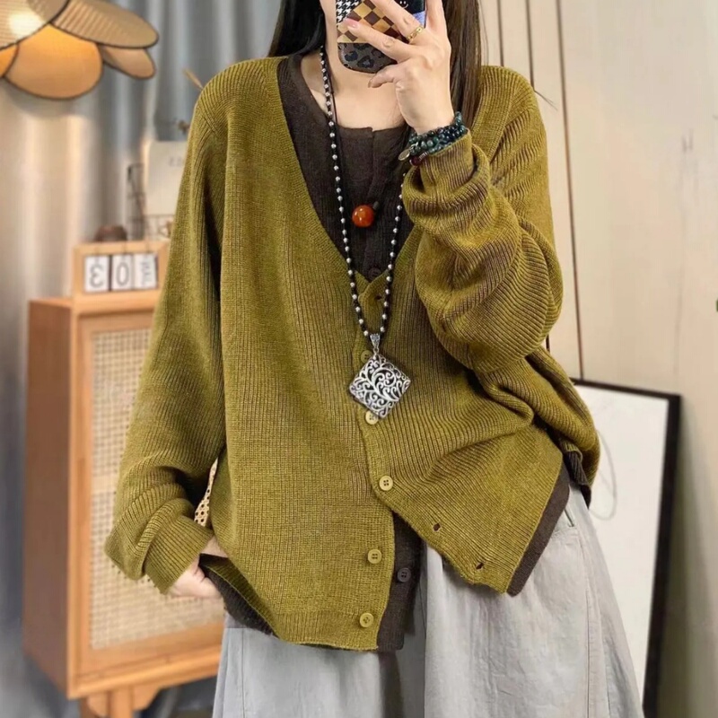 2026 Spring New Korean Style Lazy Long-Sleeve Knit Sweater Loose Fashionable Cotton Cardigan Fake Two-Piece