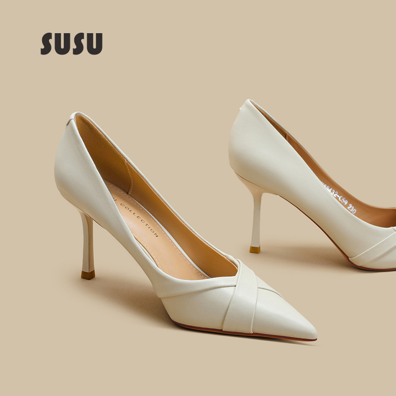 Soft Leather Off-White High-Heeled Shoes for Women 2025 New Style Professional Interview 5cm French Stiletto Heel 7cm Comfortable Shoes Soft Leather Off-White High-Heeled Shoes for Women 2025 New Style Professional Interview 5cm French Stiletto Heel 7cm Comfortable Shoes