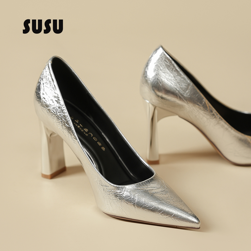 Silver High-Heeled Shoes for Women 2025 New Style, Stunning and Elegant, Comfortable Thick Heels, Suitable for Pairing with Dresses, Royal Lady Style, Sexy Single Shoes