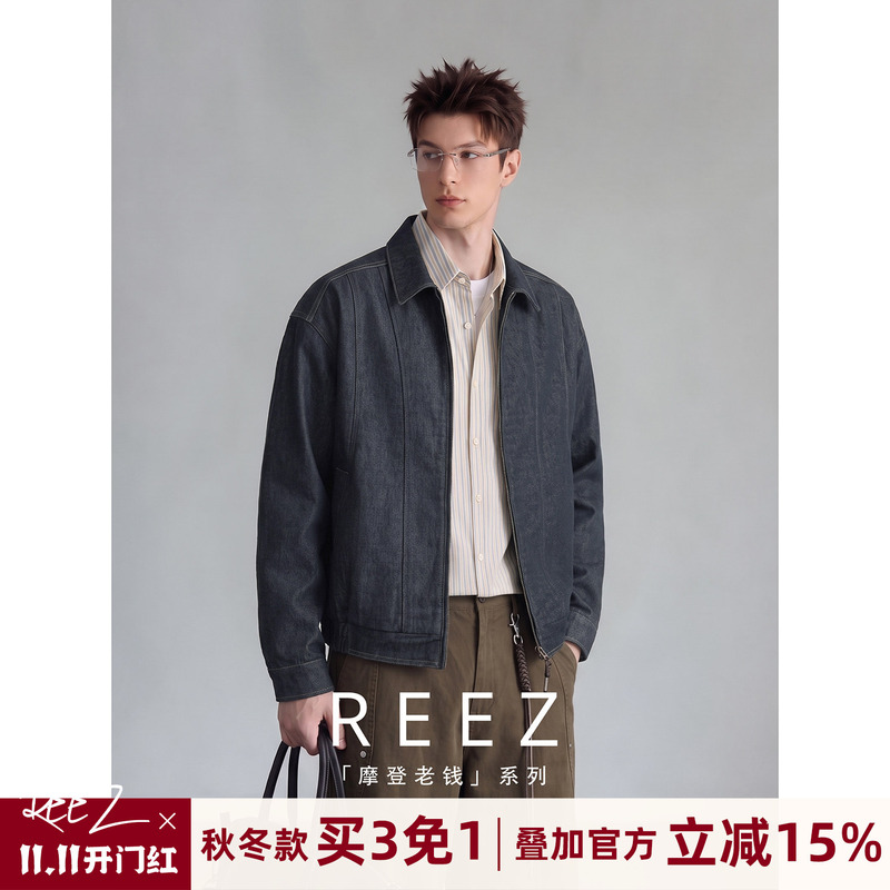 Reez「Classic Denim」American Retro Raw Denim Jacket for Men, Loose Fit for Autumn, Suitable for Commuting