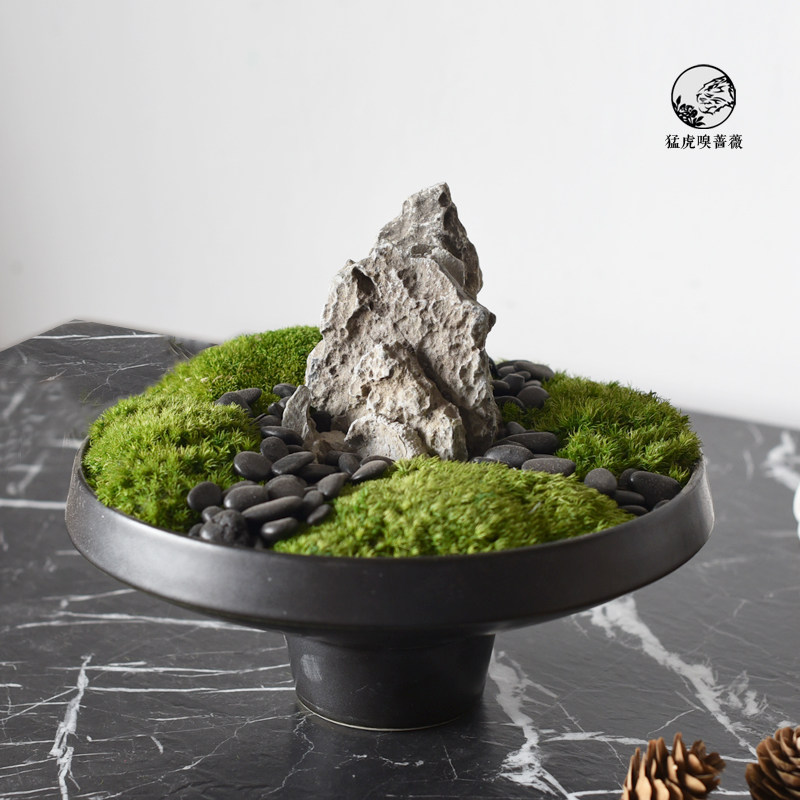 New Chinese-style Zen simulation moss rockery green plant ornaments fake stone potted tabletop model bookcase soft decorations