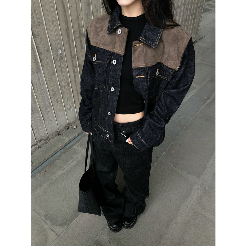 American Retro Barn-Style Suede Patchwork Raw Denim Jacket for Men, Autumn Short Style, Regular Shoulder, Loose Denim Top Jacket