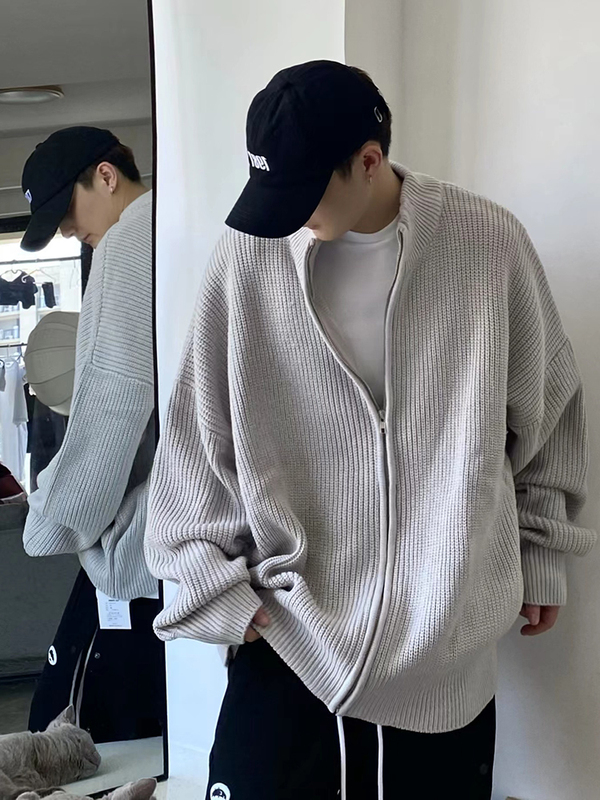 Autumn and Winter Stand-Up Collar Lazy Style Zip-Up Knit Cardigan, Oversized Loose Casual Solid Color Thick Sweater Jacket for Men