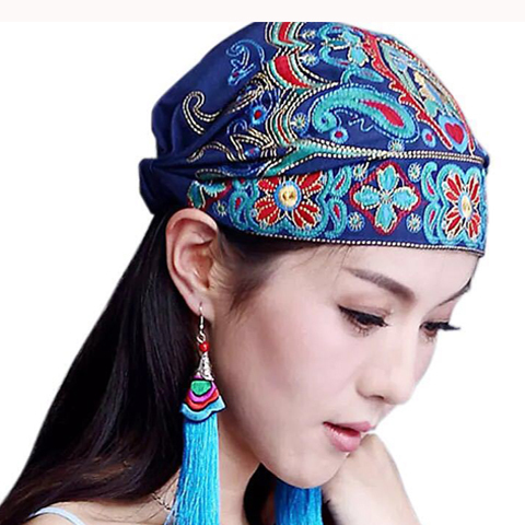  Ethnic Style Turban Hat Chinese Style All-Season Retro Embroidered Casual Hat for Women Red Headscarf Hat