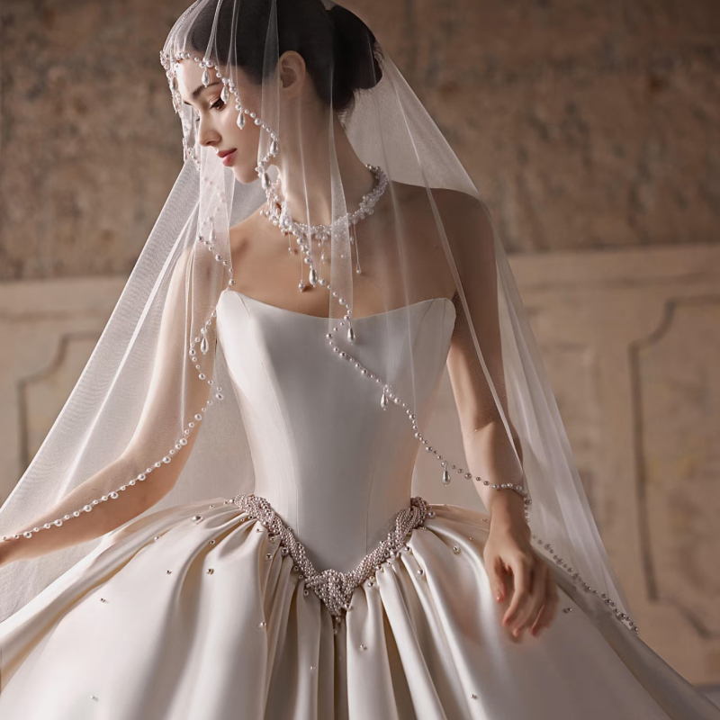 White Moonlight French-Style High-End Pearl Veil Bridal Wedding Dress White Strapless Heavy-Duty Wedding Photography Super Fairy-Like White Moonlight French-Style High-End Pearl Veil Bridal Wedding Dress White Strapless Heavy-Duty Wedding Photography Super Fairy-Like