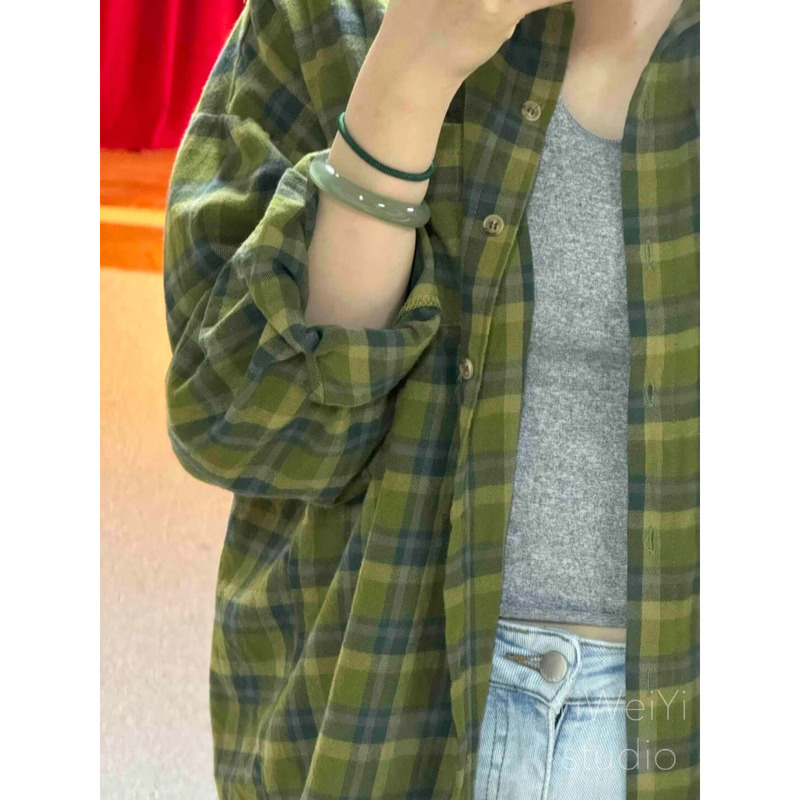 Pure Cotton Green Plaid Shirt for Women 2026 New Style Petite Shirt Outerwear Cardigan Loose Casual Jacket Top Pure Cotton Green Plaid Shirt for Women 2026 New Style Petite Shirt Outerwear Cardigan Loose Casual Jacket Top