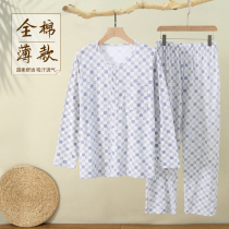 middle aged men's pajamas pure cotton thin plus size cardigan long sleeve collarless home clothing dad pure cotton spring summer suit