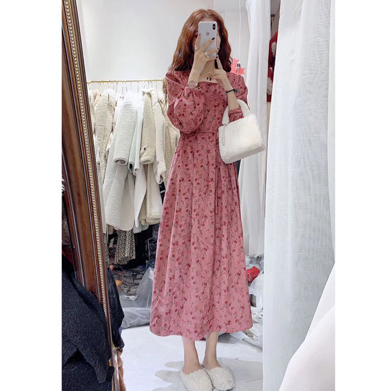 Plus-Size Spring and Autumn Fairy-Style Rose Corduroy Dress, Hip-Covering French Retro Design, Niche Floral Dress