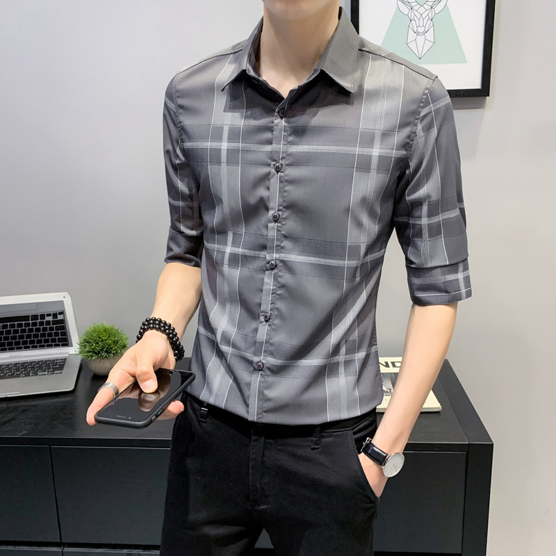 Fugui bird striped shirt male short sleeve Korean version of grid thin overalls trendshirt trendy business casual high-end shirt