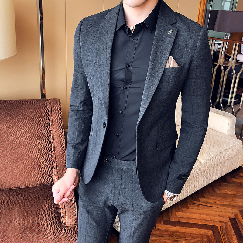 Rich Bird Men's Plaid Suit Set Korean Version Trend Business Professional Dress Groom Wedding Dress Small Suit