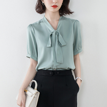 Streamers silk shirt womens short-sleeved temperament shirt 2021 summer new fashion thin foreign style mulberry silk top