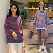Pregnant women autumn pregnant women long sleeve top base shirt loose casual fake two pieces Net red striped sweater coat