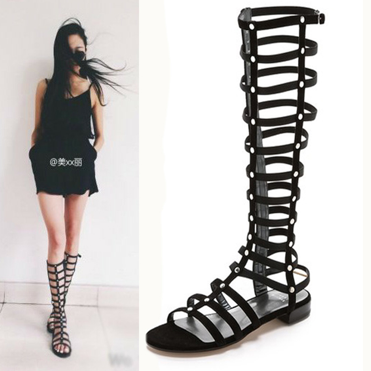 Sw New Black Flat High-Top Hollow Elastic Strap Sandals Roman Shoes Studded Genuine Leather Sandals Summer Long Boots