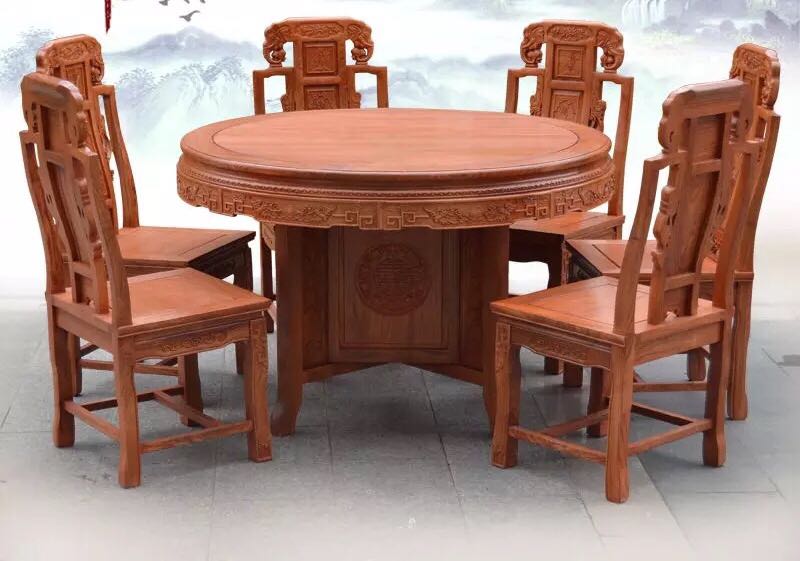 Mahogany Dining Table African Huanghua Pear Through The Plate Vegetarian Round 7 Sets Of Chair Combination Mahogany Dining Table African Huanghua Pear Through The Plate Vegetarian Round 7 Sets Of Chair Combination