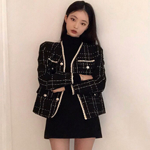 South Korea ins autumn Joker contrast trim single-breasted V-neck cardigan check long sleeve tweed suit jacket women