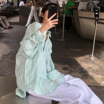 South Korea chic gentle white mint green loose Joker casual long sleeve shirt women's lapel single pocket jacket women