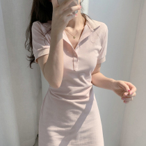 South Korea chic style summer new simple small fresh peach powder polo collar waist lace-up short sleeve dress women